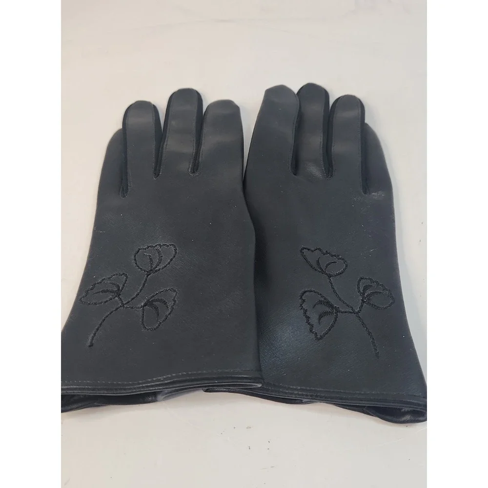 Vtg 1960s Black Vinyl Gloves Floral Embroidered Mod Japan Sz M 7.5-8.5 Pls Read